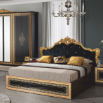 Cama doble barroca de lujo Casa Padrino con pedrería negra / dorada-Muebles de dormitorio de estilo barroco